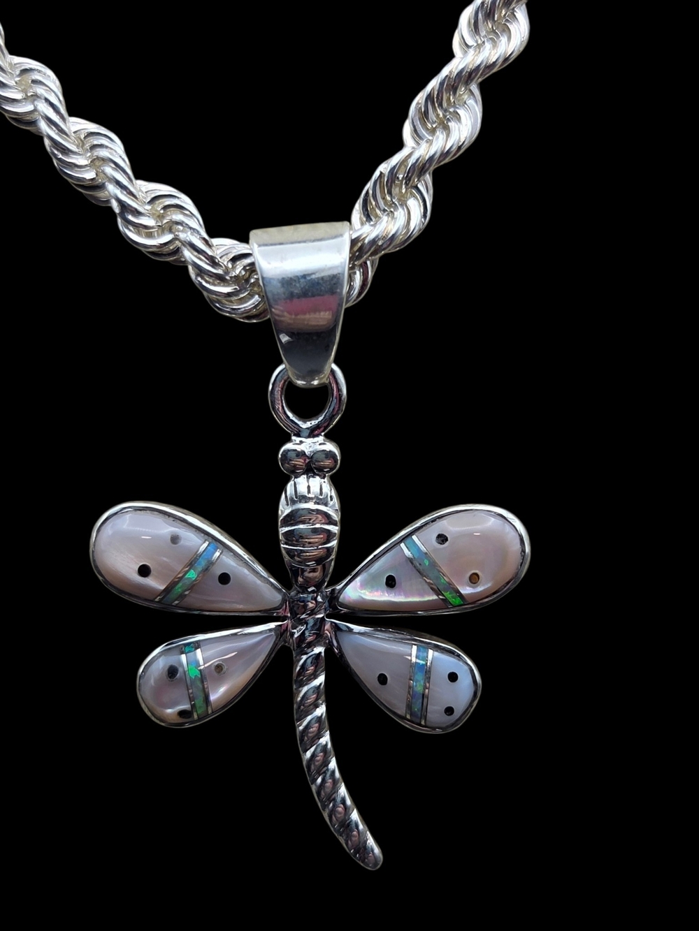 Sterling Silver Dragonfly Pendant Necklace with Mother of Pearl Inlay - Silver